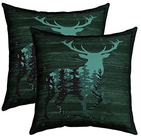 Rustikale Hirsch Kissenbezüge 40x40cm 2er Set Kissenbezüge Weich Kinder Bauernhaus Hirsch Jagd Dekorative Sofakissen Couchkissen Geweih Kissenbezug Kissenhülle Western Bauernhaus Grün Dekokissens