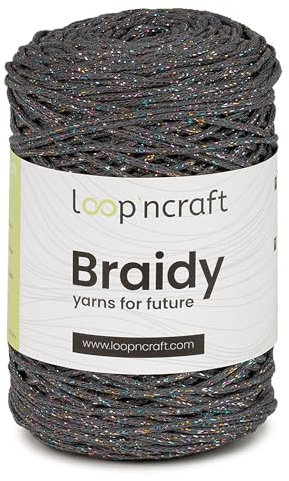 Cordino per borse ad uncinetto, cordoncino morbido in cotone riciclato per cestini, cordonetto per macramè senza frange spessore 2 mm, 250 gr, 250 metri,LOOP'NCRAFT BRAIDY (Grigio e Lurex Multicolor)