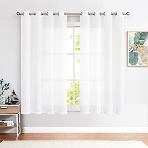 TOPICK Gardinen mit Ösen, Vorhänge Wohnzimmer Leinen Leinenoptik Vorhang halbtransparent Lichtfilterung perfekt für Schlafzimmer Bauernhaus Ösenschal 130x145cm Weiß 2er Set