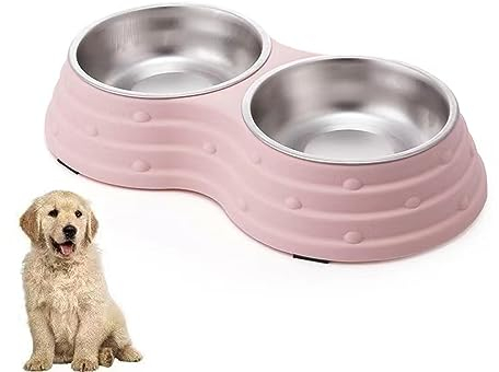 Wolike Pet Bowl Basic Dog Bowls Pet Bowl Anti Overturning and Anti Slip Double Bowl Dog Bowl Dog Plate Cat Bowl Stainless Steel Water Bowl Bottom with Anti slip Pad (Pink-Small)