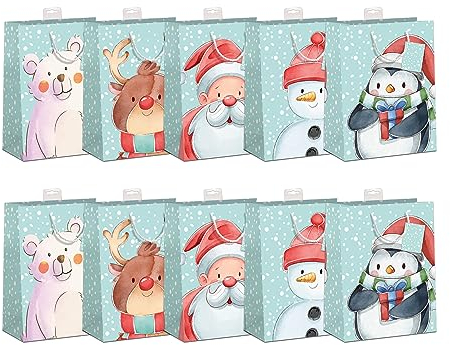 Geschenktaschen Weihnachten 10 Stück | edle Geschenktüten Papier Tragetasche | DIN A5 Geschenkbeutel mit farbiger Kordel und Namenskarte | Weihnachtstüten Medium 18x23x10cm | Skorpion Papeterie