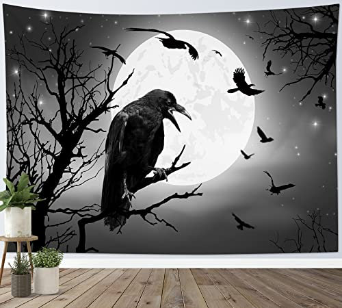 LB Wandteppich Halloween Wandtuch Schwarze Krähe und Fledermaus auf totem Baum Wandbehang Graue Horror-Mondnacht Tapisserie für Wohnzimmer Schlafzimmer Wohnheim Wanddeko,235x180cm