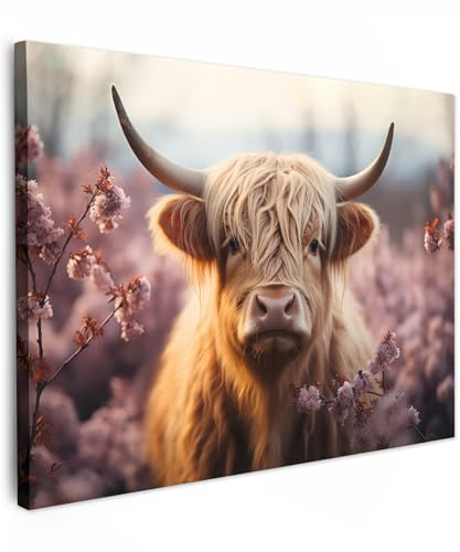 MuchoWow© Wandbilder 70x50 cm Wohnzimmer Wanddeko Schlafzimmer Zimmerdeko Fotowand Deko auf Wand Dekoration Wall Art Kuh Leinwand - Schottisches Hochlandrind - Highland Cow Bild - Hörner