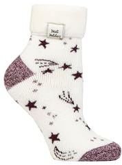 HEAT HOLDERS SOCKSHOP Ladies Socks - Turn Over Cuff Sleep Lite, Warm Chunky Thermal Bed Socks, Patterned, 1 Pair Pack Size 4-8 Ivory/Cabernet Stars