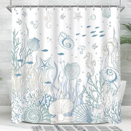 Lerores Rideau de douche 240 x 180 cm, textile anti-moisissure, motif fond marin, ourlet lesté, imperméable, lavable, en tissu polyester, avec œillets et 16 anneaux de rideau de douche, pour salle de