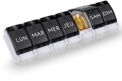 Opret Pilulier Semainier Français 7 Jours - Boîte à Médicaments Grande Capacité Facile à Ouvrir Boîte à Pilules au Design Unique (Noir)