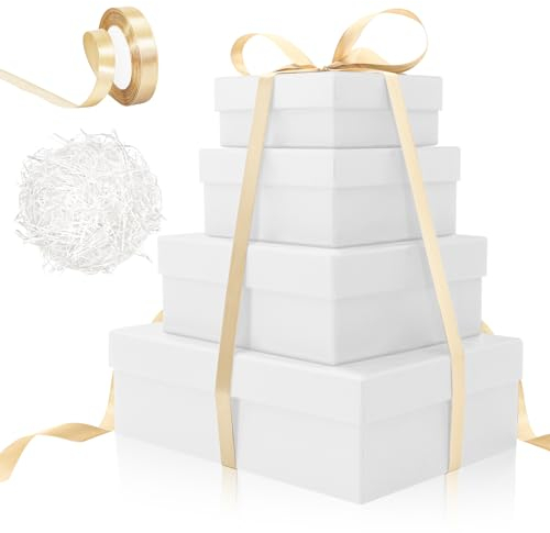 4 Pack Quadratischer Nesting-Geschenkboxen mit Deckeln, Karton-Präsentboxen zum Stapeln mit Schleife, Raffia für Geburtstagsparty, Hochzeit, Mathertag in den Größen klein, mittel und groß Schwarz Weiß