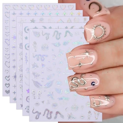JMEOWIO 10 Sheets Moon Star Snake Nail Art Stickers Decals Self-Adhesive Silver Aurora Wing Nail Supplies Nail Art Design Decoration Accessories