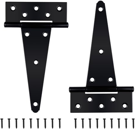 Auxdee Black T-Strap Shed Door Hinges Heavy Duty, Barn Door Hinges with Screws, Tee Hinges for Wooden Fences, Yard, Patio Door, Wrought Hardware Iron Rustproof (8 Inch, 2Pack/Set)