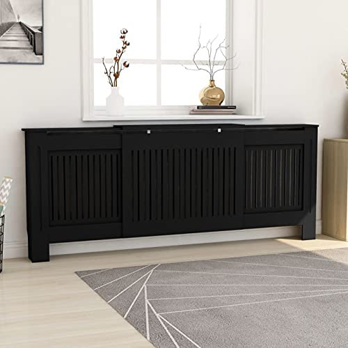 Gecheer MDF Radiator Cover Cabinet, Stylish Modern Slatted Design, Black, Adjustable Length Model325548