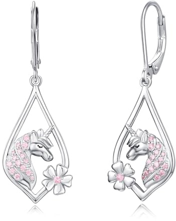 CHENGHONG Einhorn Ohrringe 925 Sterlingsilber Creolen Hängend Gänseblümchen Ohrhänger Einhorn Geschenke für Mädchen Schmuck für Kinder Frauen