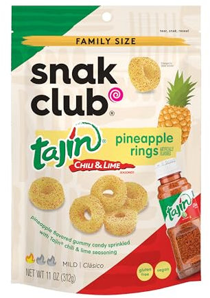 Snak Club Anelli di anananas, Tajin peperoncino e lime, speziati, dolci e piccanti, sapore delicato, magro, vegano, senza glutine, taglia famiglia, 325 ml