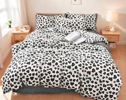 Menkala Herz Bettwäsche 220x240 Grau Leopard Herzen Muster Aesthetic Bettwäsche-sets 3 Teilig Leopardenmuster Hearts Renforce Microfaser Doppelbett Bettbezug mit Reißverschluss und 2 Kissenbezug 80x80