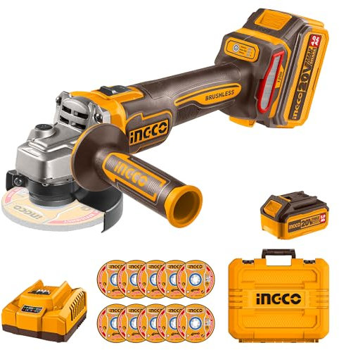 INGCO Brushless Angle Grinder 115mm 20V Cordless Grinder Tool, 3 Variable Speed for Cutting, Grinding, Polishing with 1Pcs 4.0ah Battery and Charger CAGLI2211531