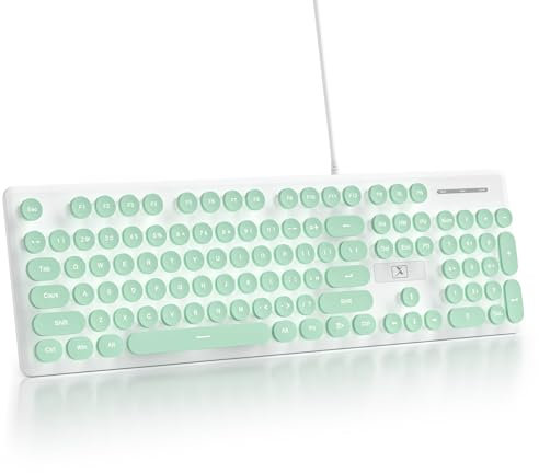 iRoboosta Quiet Keyboard Wired Membrane Keyboard Green, Full Size 104 Keys Typewriter Key Board with Number Pad, White LED Backlit, Round Keycaps, Cute Computer Keyboards (Light Green)