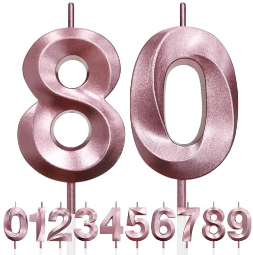 80th Geburtstagskerze, 3D Design Roségold Glitter Nummer Kerzen, Cake Topper Dekorationen, Kuchen Kerze für Geburtstagsparty, Hochzeitstag, Baby-Dusche, Party-Dekoration