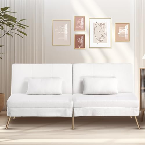 COMHOMA Schlafsofa mit Schlaffunktion, Sofa überzug Futon Klappsofa, Bettcouch, ecksofa, Couch Gästebett, 3-Sitzer Sofa, mit verstellbare Rückenlehne aus Teddystoff Weiß