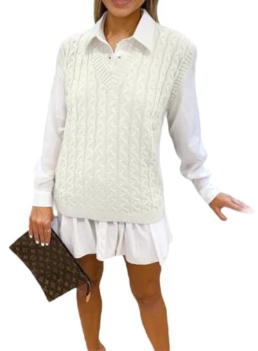 WeaAll Ladies Cable Knit Sleeveless Vest Women's Knitted Jumper Tank Top Winter Chunky Sweaters Cream 16-18