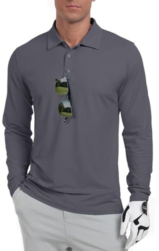 QIXING Men's Golf Polo Shirts Long Sleeve UPF 50+ Lightweight，Quick Dry Performance Collar Summer Tops for Golf, Fishing, Tennis(Dark Gray, L)