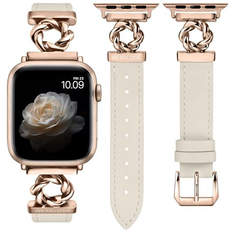 Wearlizer Lederarmband Kompatibel mit Apple Watch Armband 41/40/38/42mm Damen, Elegant Leder Armbänder mit Spiralform für iWatch Serie 10/9/8/7/6/5/4/3/2/1/SE, Polarstern/Rosegold