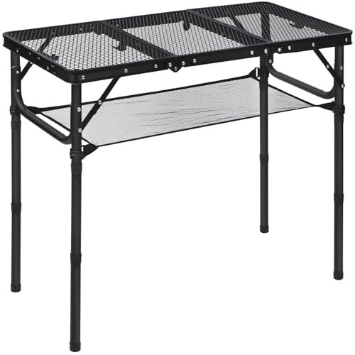 REDCAMP 2.8ft Folding BBQ Table for Outside, Aluminum Camping Table with Storage Mesh & 3 Adjustable Heights, Lightweight Metal Grill Stand for Cooking, Easy to Assemble, Black 60cm x 40cm