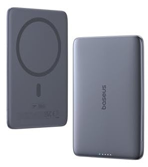 Baseus Picogo AM41 Power Bank, Ultra Slim 5000mAh Magsafe Powerbank, Ricarica Rapida PD 20W, Portatile, Mini Magnetico Batteria Esterna Wireless con cavo USB C per iPhone 16/15/14/13/12, Grigio Spazio