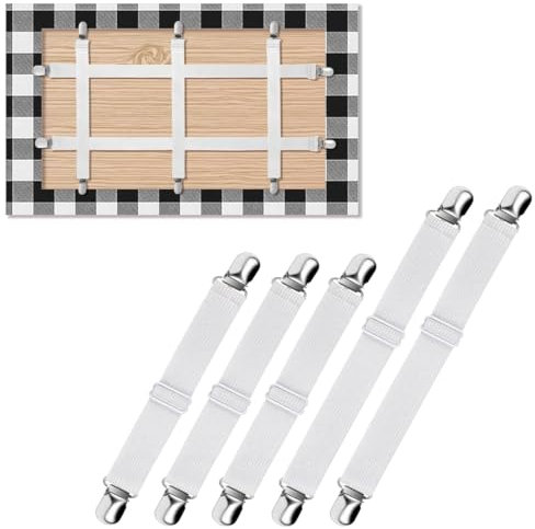 XYTAHDM 5 Pièces Élasticité Réglable Clips Pince pour Nappe,Clips de Nappe à Sangle Cachée, pour Sécuriser Nappe Pique-Nique Tables Canapé Lit, Accroche Nappe Exterieur & Intérieur(Blanc)