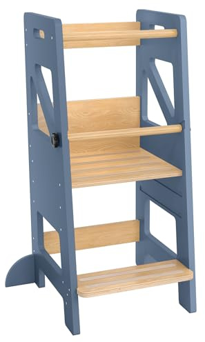 HENGMEI Lernturm Entdeckerturm aus Holz MontessoriLernturm Learning Tower 3 Fach Höhenverstellbar Küchenhelfer für Kinder mit Rutschfester Oberfläche und kippsicheren Füßen (Grau)