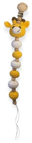Schnullerkette, Giraffe SEMI, für Junge oder Mädchen, Unisex, Handmade, neugeborene, Baby Geschenkt mit gewünschte aus Holz Namen, gehäkelt, Naturell Produkt, Amigurumi
