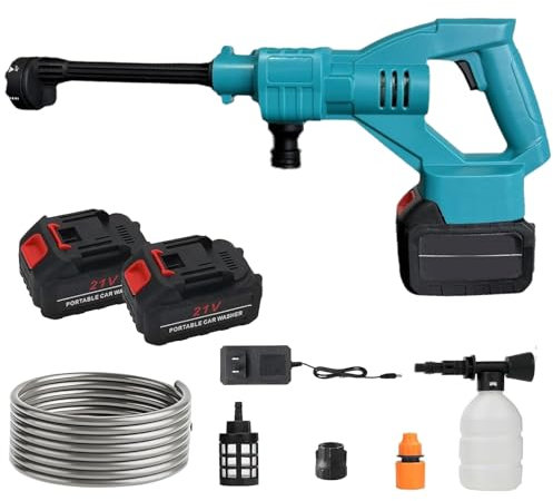 60Bar Nettoyeur Haute Pression sans Fil, Pistolet Portable à Eau Haute Pression avec 2*3000mAh Batteries, Pistolet Haute Pression avec Buse 6 en 1& Tuyau de 5M pour Voiture Lavage de Voiture et Jardin