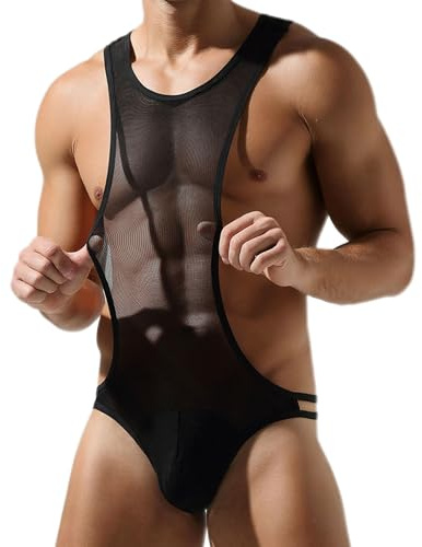 JOCKMAIL Herren Einteilig Bodysuit Atmungsaktiv Tanga Unterwäsche Sexy Wrestling Singlet Stretchy Einteilige Bademode (Schwarz2, L)