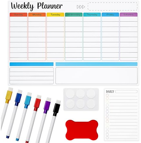GROWNEER 2-Pack Magnetic Dry Erase Calendar Set – A3 Weekly & A5 Daily Planners for Fridge, Wall or Glass – Includes 6 Markers, 1 Eraser & 12 Round Double-Sided Stickers