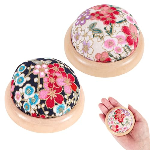 Tinoaly 2 Stück Nadelkissen zum Nähen, Japanische Runde Nadelhalter mit Holzsockel Baumwolle Blumenmuster für Quilten Handarbeit DIY Kunstprojekte