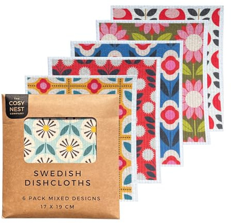 6 Pack Swedish Dishcloths – Mixed Colours Reusable Cleaning Cloths – 100% Biodegradable & Compostable Eco Friendly Kitchen Cloths – Washable Absorbent Sponge Alternative for Dishes (Floral)