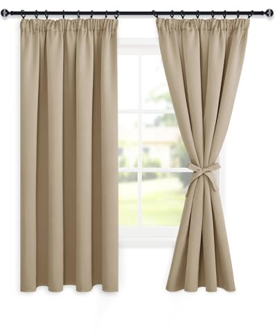 DWCN Taupe Blickdichte Gardinen mit Kräuselband Kurz Verdunkelungsvorhänge | 2 Stücke, 160x140cm (Höhe x Breite), Vorhänge mit Krawatten Kinderzimmer Schlafzimmer Kälteschutz Küche Schiebevorhänge