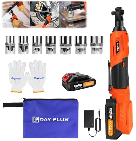 Xinng 3/8 Cordless Ratchet Wrench, 80N.m (58Ft-lbs) Max Torque 2300RPM, 21V Electric Power Ratchet with 2x1.5Ah Batteries, Charger, 7 Sockets, Gloves, Storage Bag, LED Light