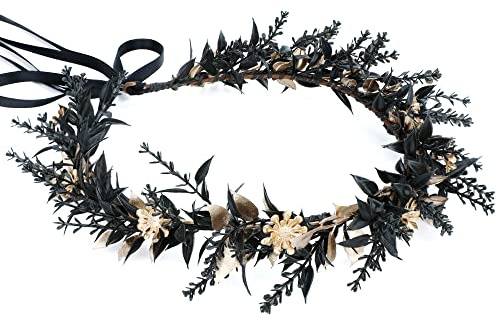 MOSTORY Krone Schwarz für Elfe Hexe Faschingskostüme Damen, Gothic Kopfschmuck mit Gold Gänseblümchen für Renaissance Accessoires Karneval Cosplay