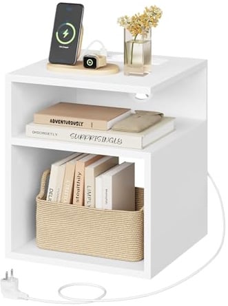 EUGAD Nachttisch mit Ladefunktion u. Steckdosen Weiß | 2 AC-, 1 USB- u. 1 Type-C-Anschluss; für Schlafzimmer u. Wohnzimmer