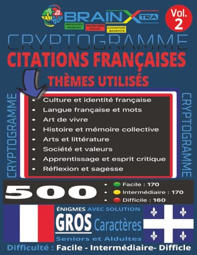 Cryptogrammes en français à thèmes variés VOL 2: Exercice de logique et de déduction, Jeux de lettres pour décoder la pensée, stimuler l’esprit et se ... | Difficulté Facile-Intermediare-Difficile |