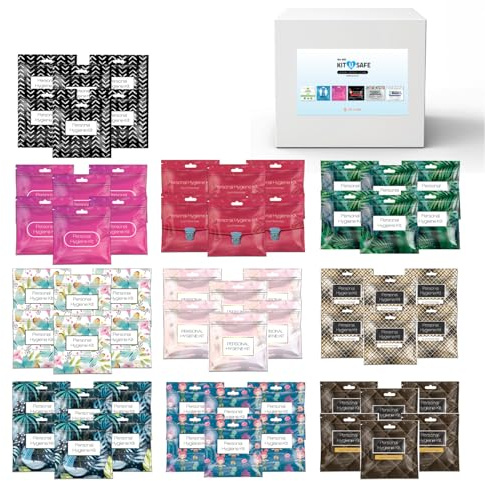 60-Pack Bulk Menstrual Care Kits - Individually Wrapped Packs with Tampon, Maxi Pad, Feminine Wipes & Alcohol Hand Wipe - for Schools, Government Agencies, Shelters & Charities - Assorted Colors