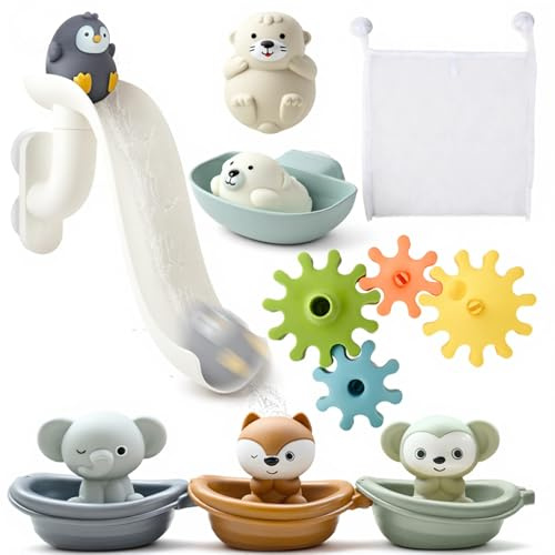 Juguetes Baño Bebe, Juguetes Bañera con Tobogán, Engranajes, Barcos Apilables y Bolsa de Almacenamiento, Juguetes para Baño Juegos de Agua Juguetes Educativos Regalos para Niños Niñas 1 2 3 4 Años