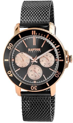 Raptor Damen Armbanduhr Analog in Schwarz, Gesamtlänge 23.5 cm, Edelstahlarmband – 3 ATM