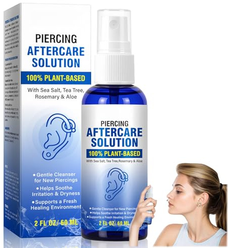 Saline Solution Piercing Spray for Aftercare - Natural Sea Salt with Aloe Vera & Rosemary, Gentle Non-Irritating Daily Use for Fresh Ear, Nose Piercings, Quick Cleaning for Dryness, 60ml