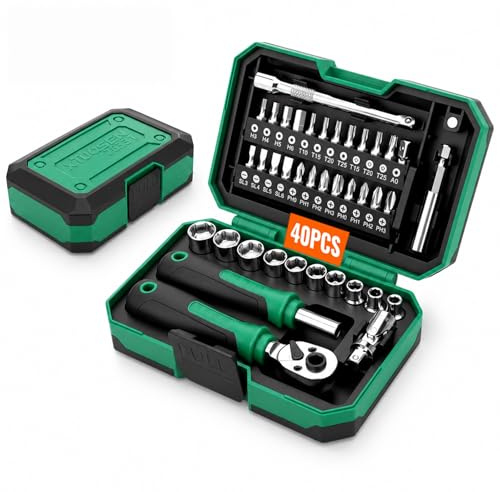 Biigdan 40 Pièces Coffret Cliquet Portable(15,5 * 11 * 5cm), Mini Coffret Douille Magnétique 1/4 Pouce avec Cle a Cliquet 45 Dents, Porte-Embout, 24 Embouts, 10 Douilles, pour Réparation Moto