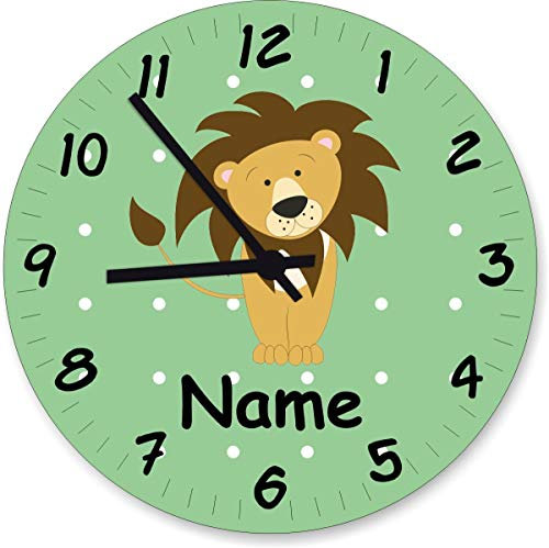 Shirtinstyle Wanduhr Kinderzimmeruhr Löwe mit Wunschnamen Geschenk Uhr Kinder Handmade, 29cm, Farbe Pastellbgrün