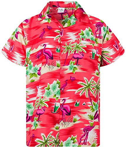 King Kameha Funky Hawaii-Hemd, Herren, Kurzarm, Flamingos, Rot, S