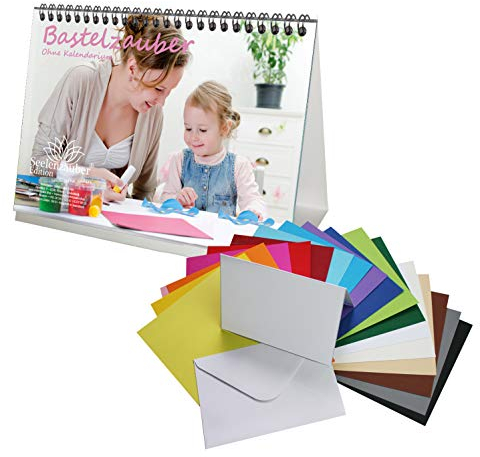 DIY Set: 1x Bastelzauber Tischkalender A5 OHNE Kalendarium und 20x farbenfroher Bastelkarton A5 und 1x DIY Grußkarte mit Kuvert - Seelenzauber Bastelkalender Basteln