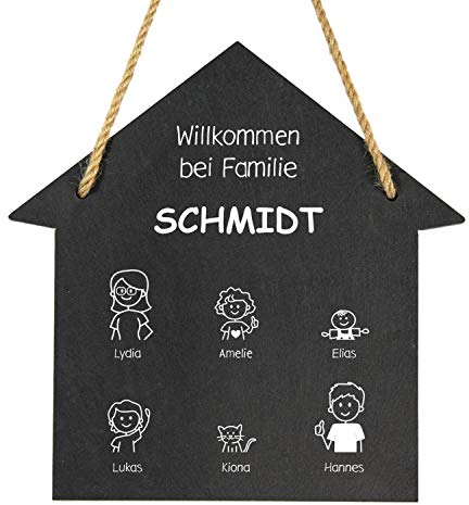 Geschenke 24 Schiefertafel personalisiert Hausform Willkommen im Comic Stil (6 Figuren): Türschild Familie Eingangstür Haustür - Schiefertafel mit Gravur - Geschenke, Wanddeko