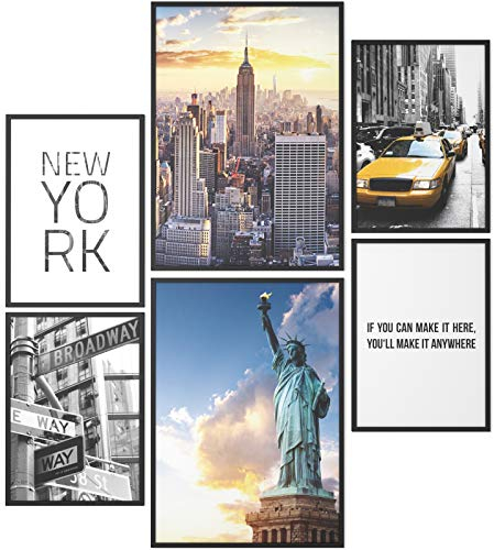 Papierschmiede® Mood Poster Set New York, Fertiges Bilder Set mit Rahmen (Holz, schwarz), Wohnzimmer Deko Schlafzimmer, 2x DIN A4 und 4x DIN A5, Freiheitsstatue USA America