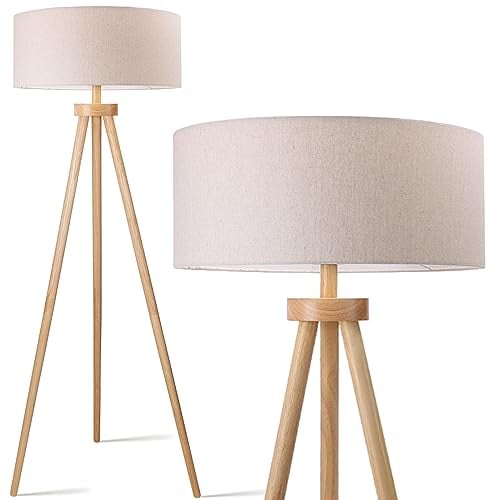 Aigostar Stehlampe Dreibein Holz Wohnzimmer, Stehlampe Vintage mit Leinenschirm Lampenschirm und Fußschalter, Hochwertiges Massivholz, Skandinavischer Stil, für Wohnzimmer, Schlafzimmer, Beige
